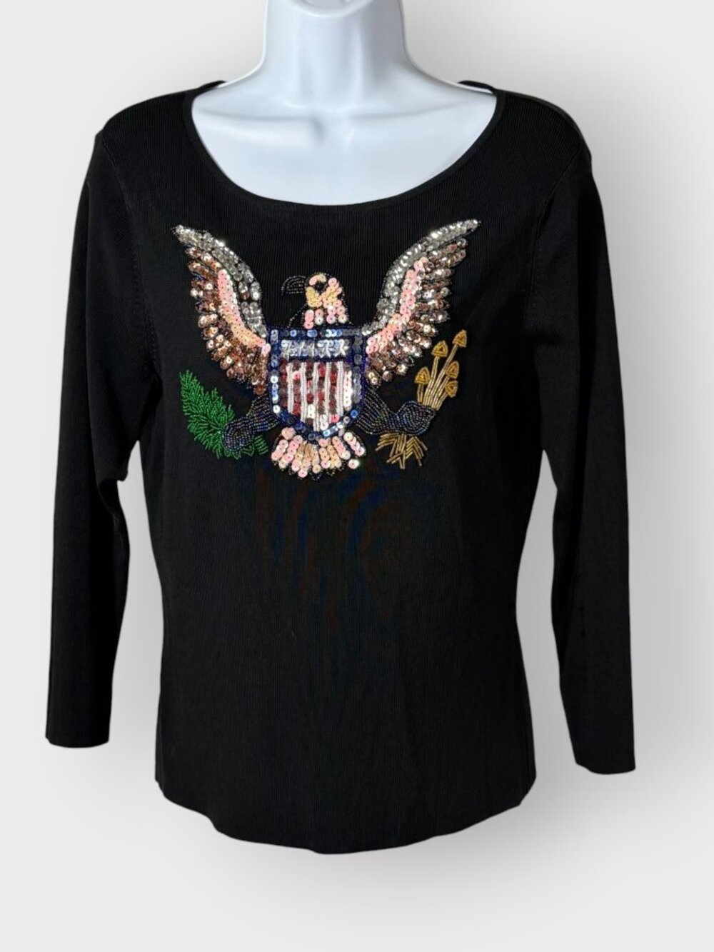 SweaterWorks Black Beaded Sequin Eagle Top | M | July 4th Patriotic